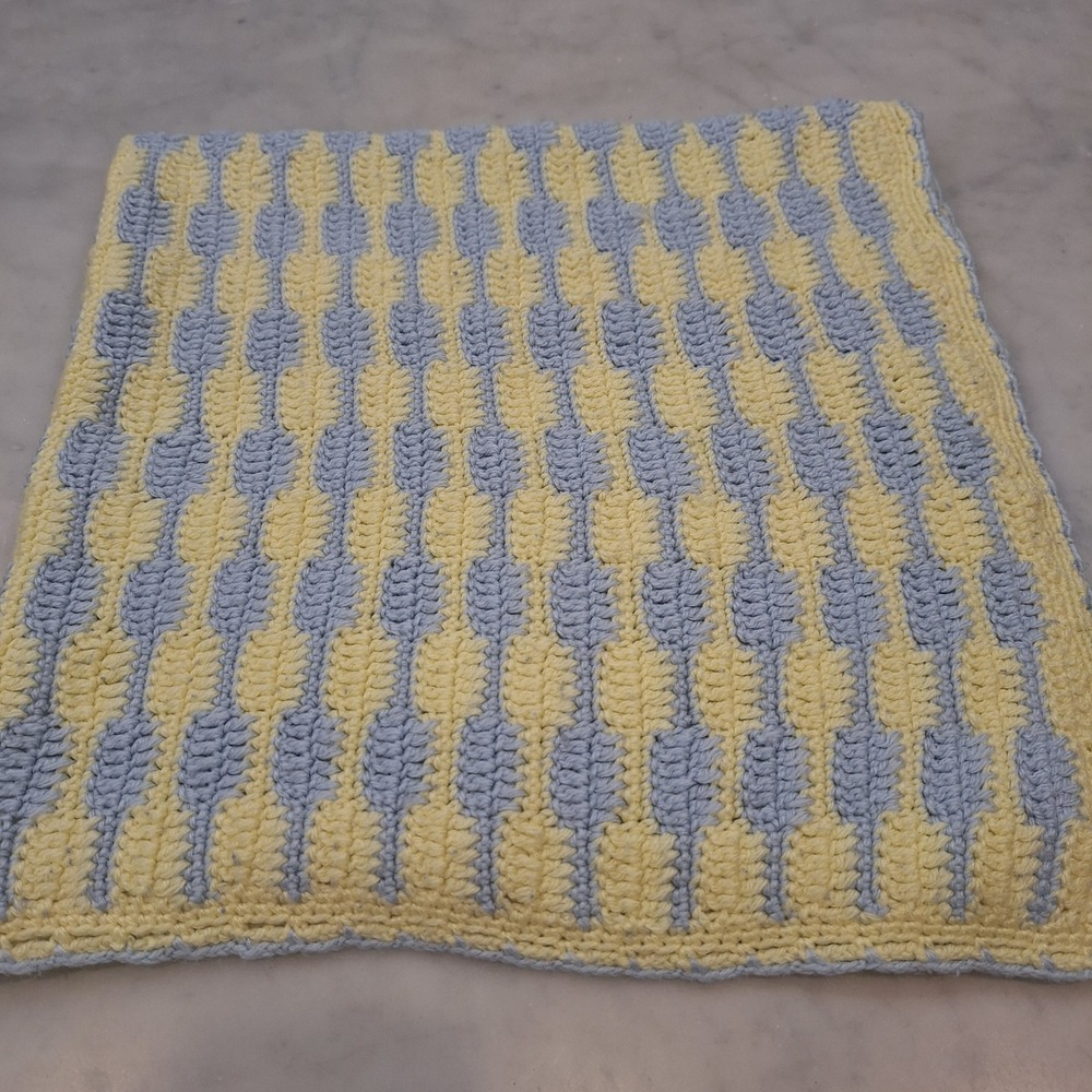 Handmade Crochet Baby Blanket 34x34 Yellow Blue ShellPattern Nursery Cottagecore